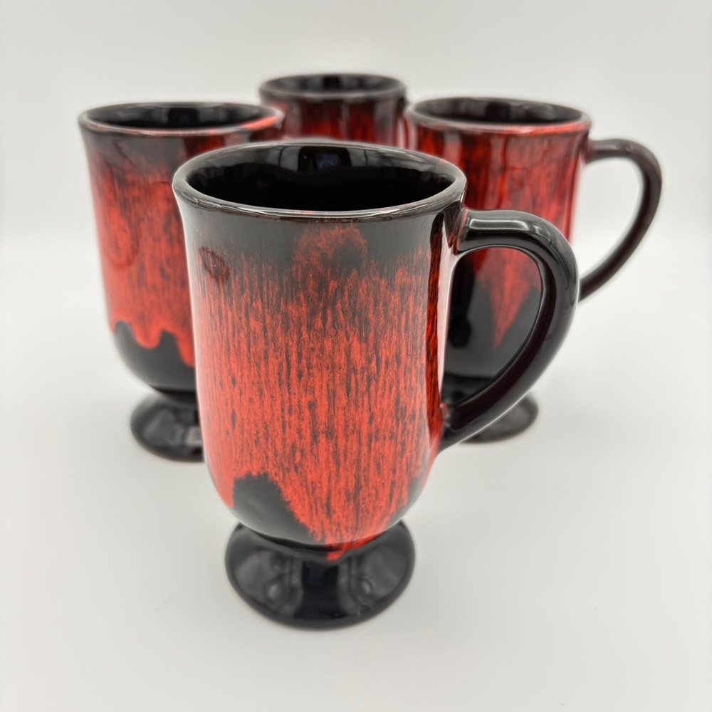 Four Pottery Mugs Irish Coffee Cups Black/Dark Brown with Orange Drip Glaze